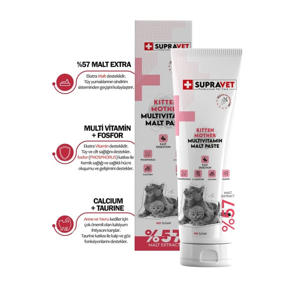 Supravet Hamile ve Yavru Kediler için Kalsiyum ve Taurinli Multi Vitamin Kedi Macunu 100 Gr. ( Extra Malt )