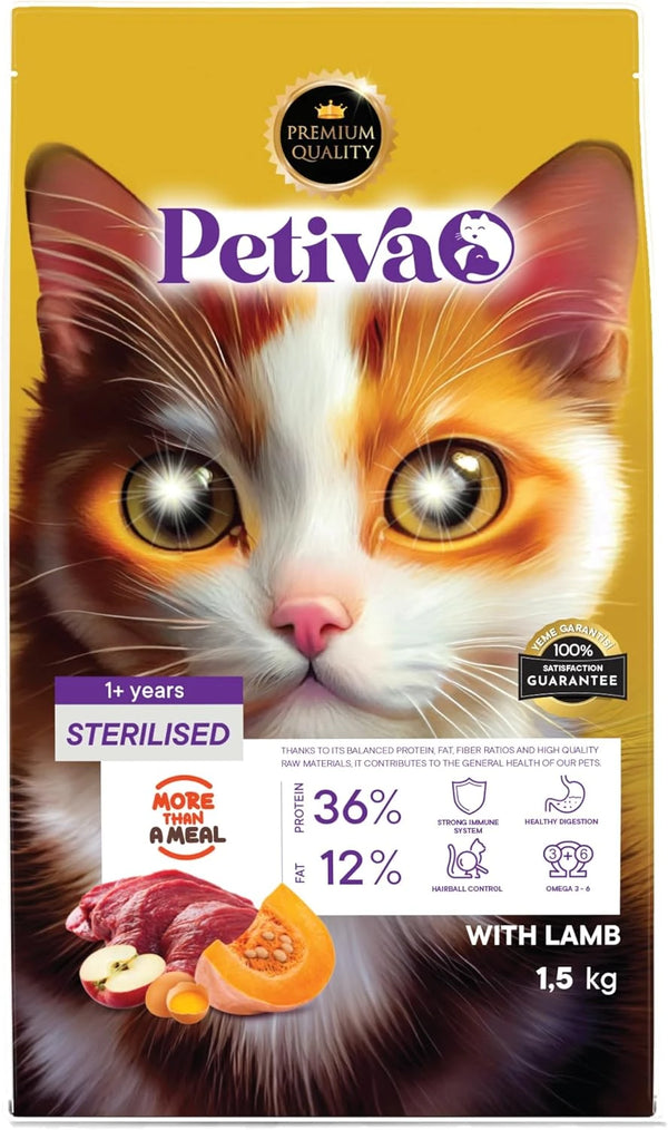 Petiva Kısırlaştırılmış Yetişkin Kediler İçin Kuzu Etli Kuru Kedi Maması 1.5 Kg