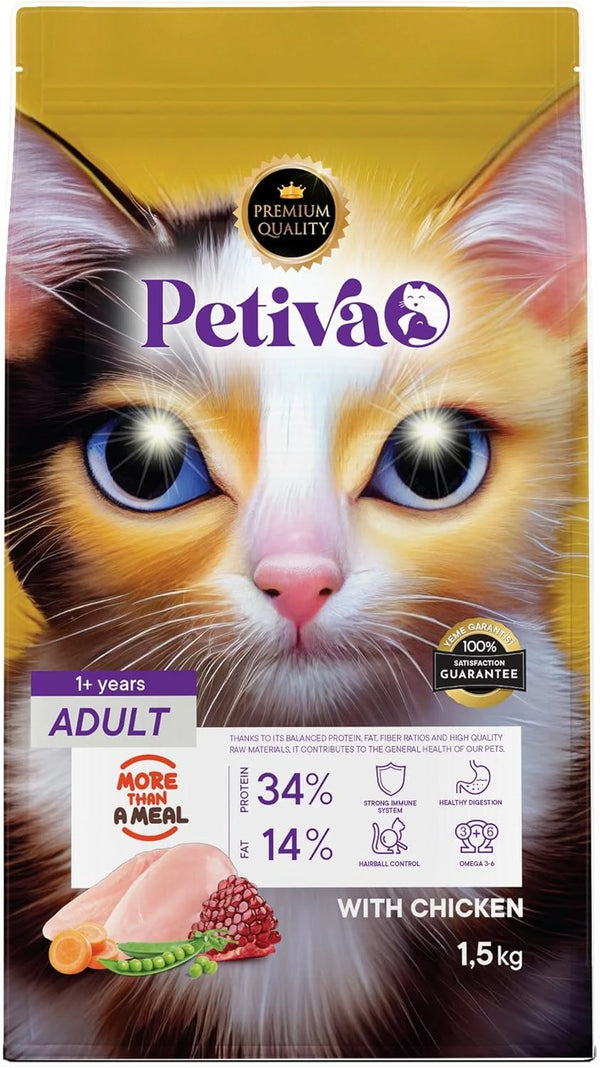Petiva Yetişkin Kediler İçin Tavuk Etli Kuru Kedi Maması 1.5 Kg