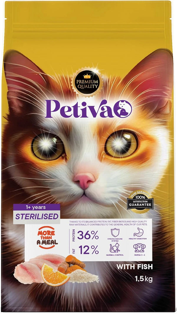 Petiva Kısırlaştırılmış Yetişkin Kediler İçin Balık Etli Kuru Kedi Maması 1.5kg