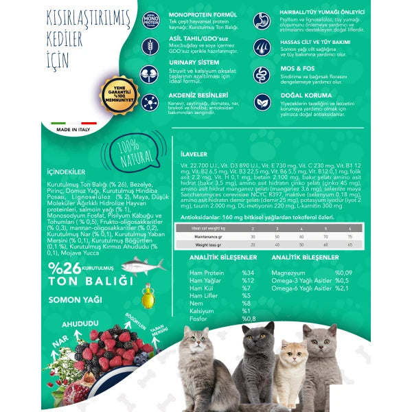 Exclusion Monoprotein Ton Balıklı ve Narlı Düşük Tahıllı Kısırlaştırılmış Kedi Maması 1,5kg