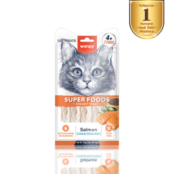 Wanpy Superfood Somonlu, Chia & Deniz Yosunlu – Krema Kedi Ödülü 5×14 g
