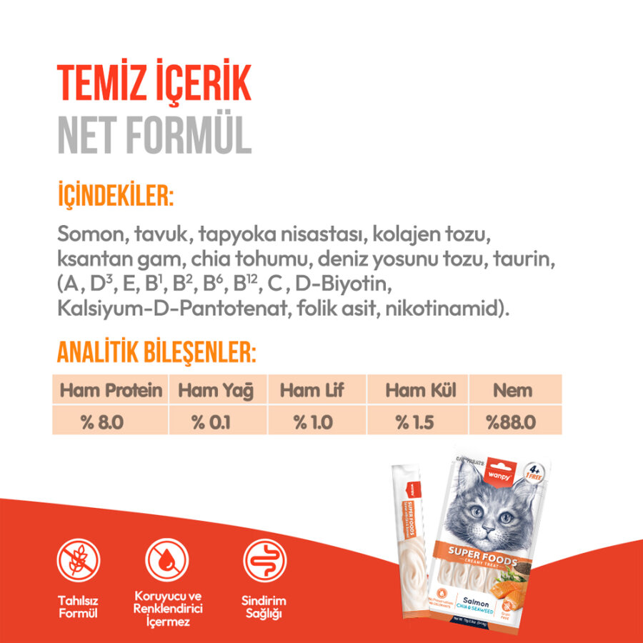 Wanpy Superfood Somonlu, Chia & Deniz Yosunlu – Krema Kedi Ödülü 5×14 g