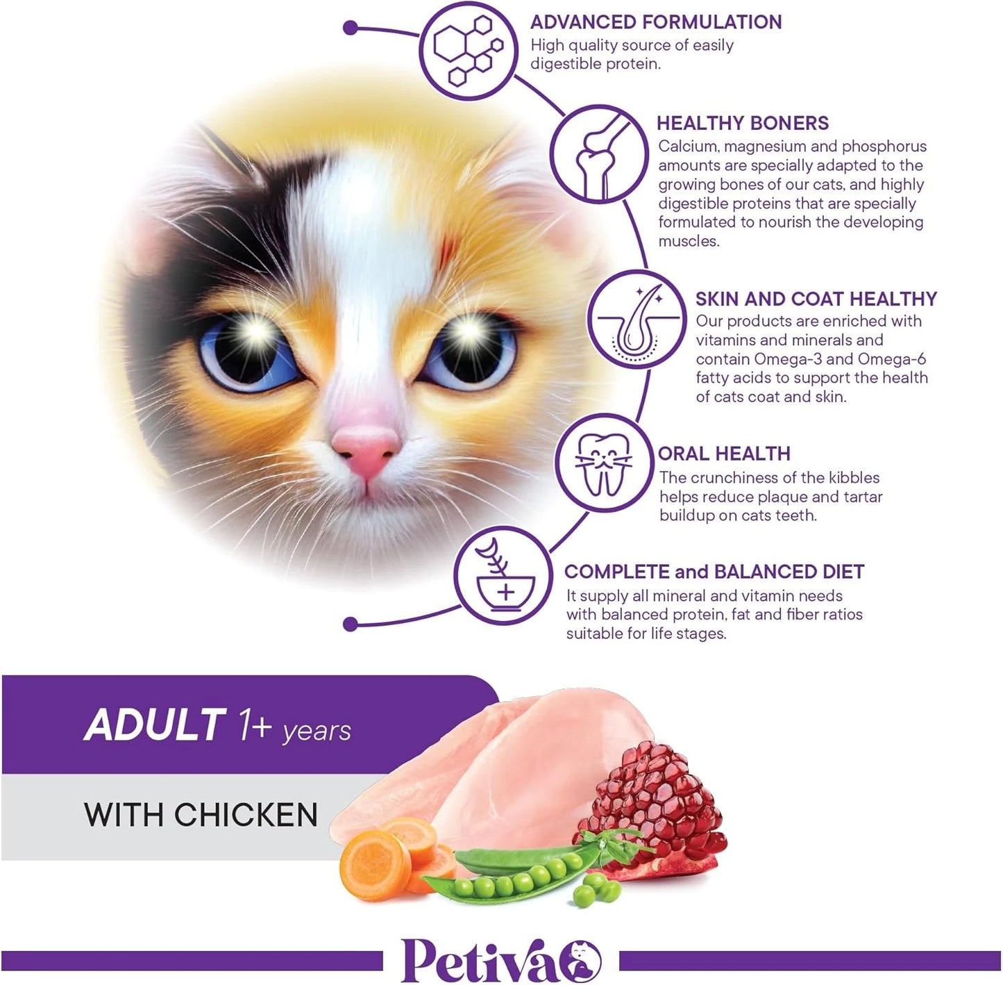 Petiva Yetişkin Kediler İçin Tavuk Etli Kuru Kedi Maması 1.5 Kg