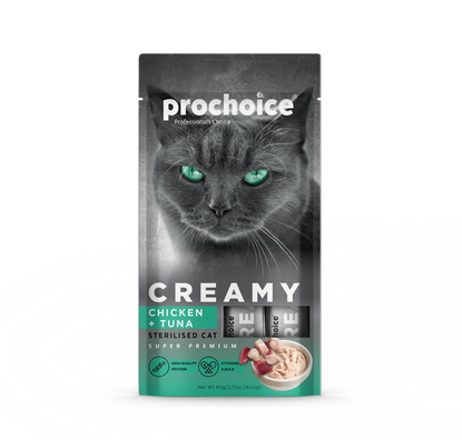 Prochoice Creamy Kısırlaştırılmış Kediler İçin Tavuklu ve Tuna Balıklı Sıvı Ödül Maması 4x15 gr