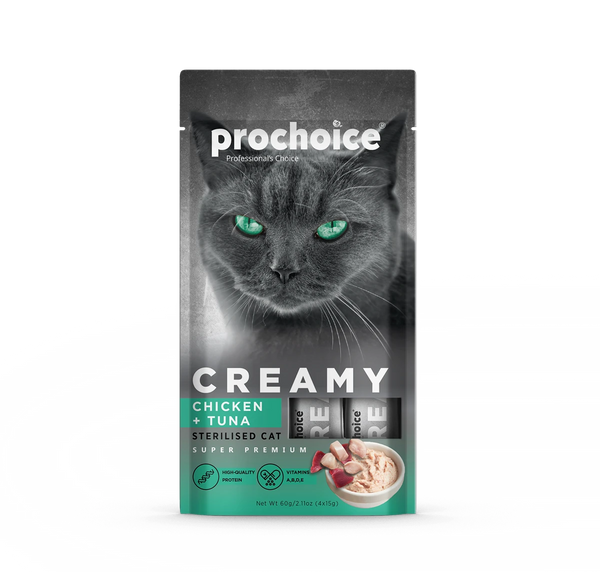 Prochoice Creamy Kısırlaştırılmış Kediler İçin Tavuklu ve Tuna Balıklı Sıvı Ödül Maması 4x15 gr