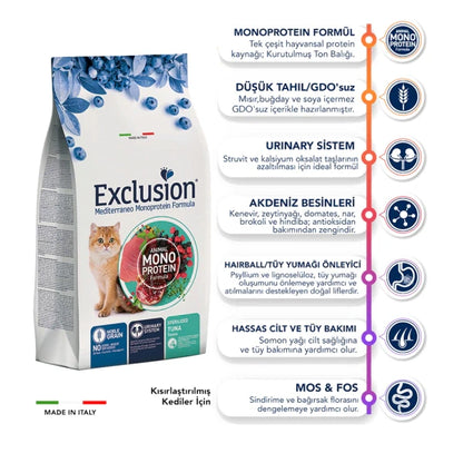 Exclusion Monoprotein Ton Balıklı ve Narlı Düşük Tahıllı Kısırlaştırılmış Kedi Maması 1,5kg