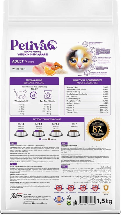 Petiva Yetişkin Kediler İçin Balık Etli Kuru Kedi Maması 1.5 Kg