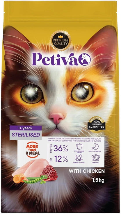 Petiva Kısırlaştırılmış Yetişkin Kediler İçin Tavuk Etli Kuru Kedi Maması 1.5 Kg