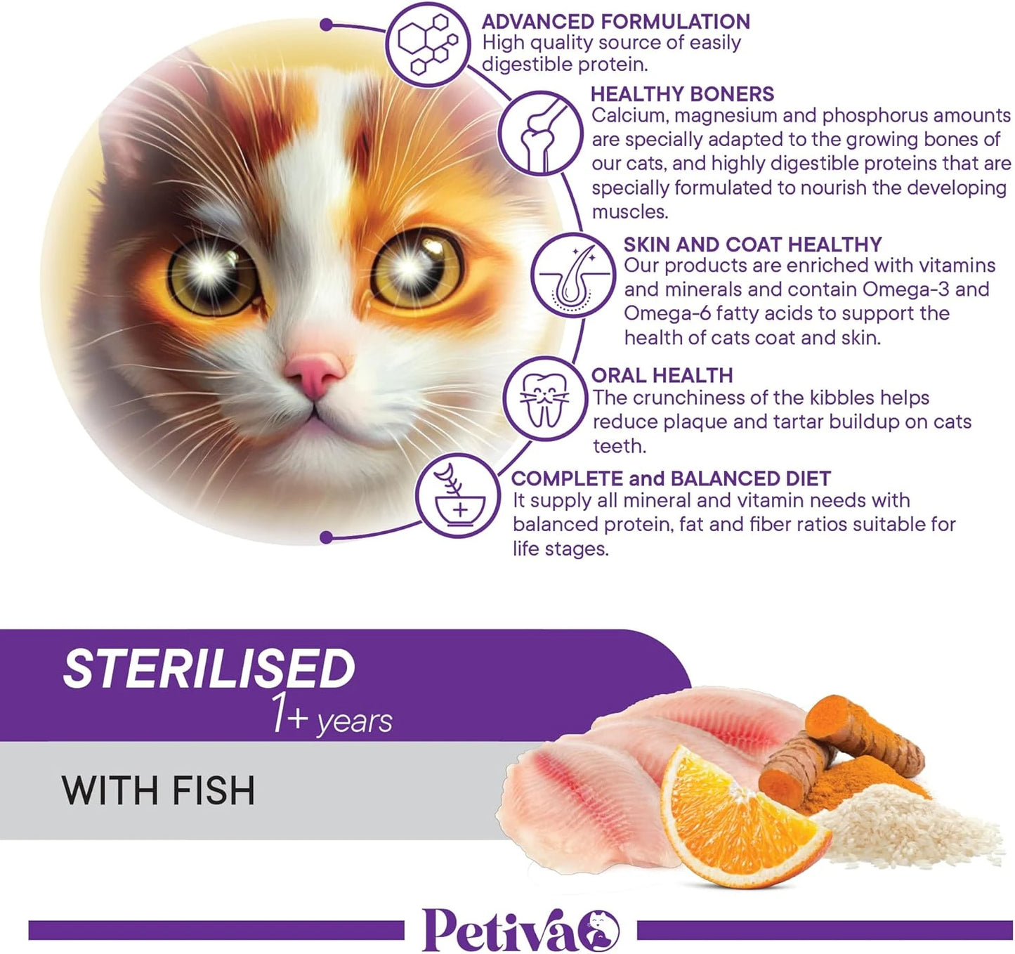 Petiva Kısırlaştırılmış Yetişkin Kediler İçin Balık Etli Kuru Kedi Maması 1.5kg