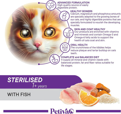 Petiva Kısırlaştırılmış Yetişkin Kediler İçin Balık Etli Kuru Kedi Maması 1.5kg