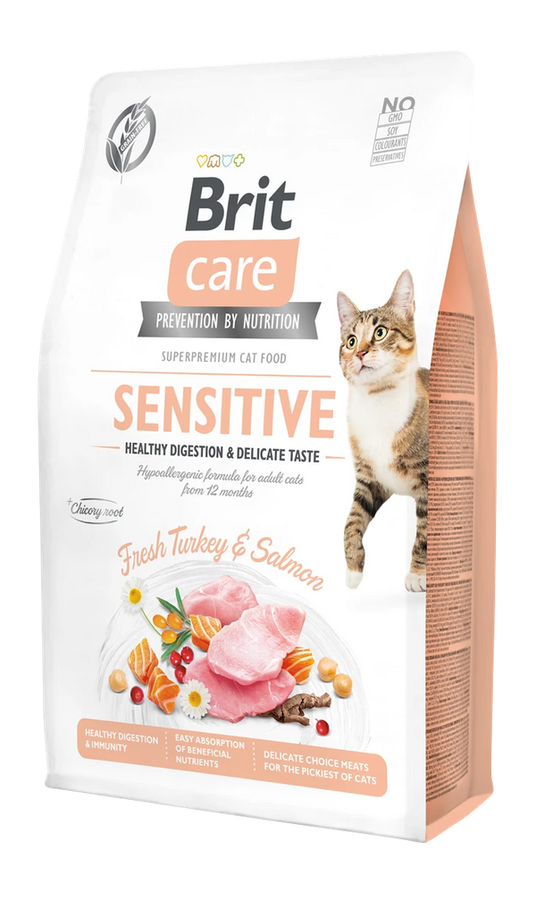Brit Care Yetişkin Hassas Kediler İçin, Tahılsız, Hipoalerjenik, Taze Hindi Etli Ve Somonlu Kuru Mama 2 kg