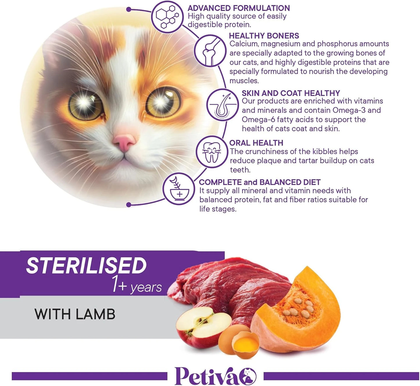 Petiva Kısırlaştırılmış Yetişkin Kediler İçin Kuzu Etli Kuru Kedi Maması 1.5 Kg