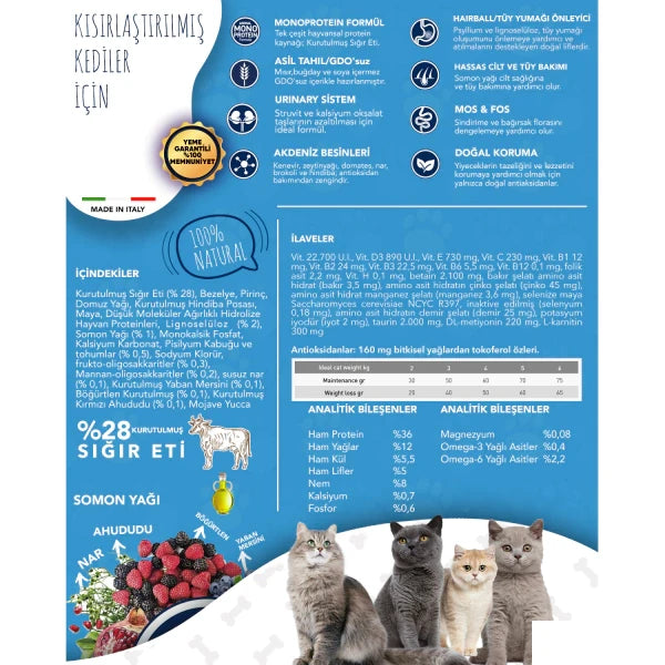 Exclusion Monoprotein Sığır Etli ve Narlı Düşük Tahıllı Kısırlaştırılmış Kedi Maması 1,5kg