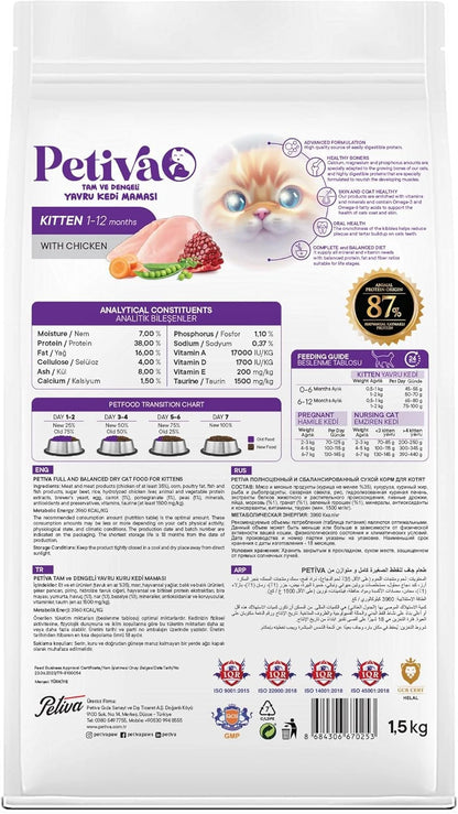 Petiva Yavru Kediler İçin Tavuk Etli Kuru Kedi Maması 1.5 Kg