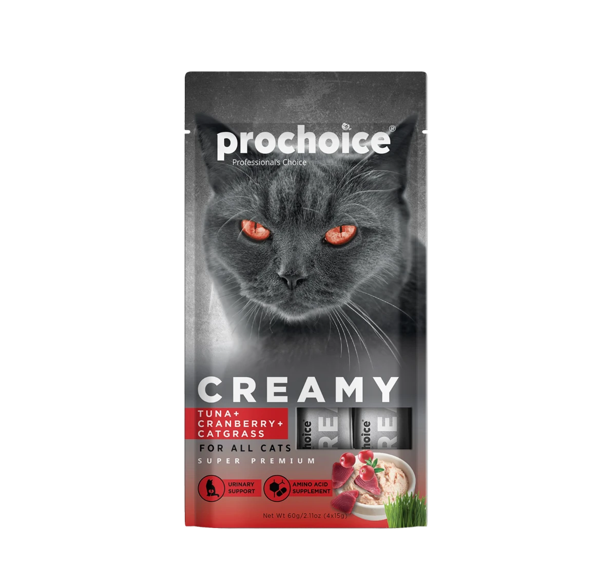 Prochoice Creamy Kediler İçin Tuna Balığı, Kızılcık ve Kedi Otlu Sıvı Ödül Maması 4x15 gr