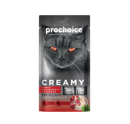 Prochoice Creamy Kediler İçin Tuna Balığı, Kızılcık ve Kedi Otlu Sıvı Ödül Maması 4x15 gr
