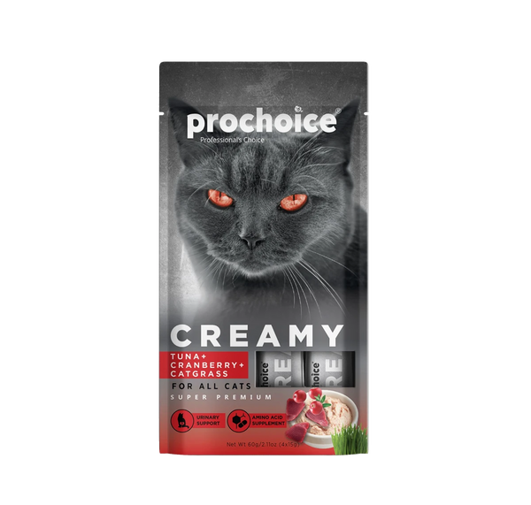 Prochoice Creamy Kediler İçin Tuna Balığı, Kızılcık ve Kedi Otlu Sıvı Ödül Maması 4x15 gr