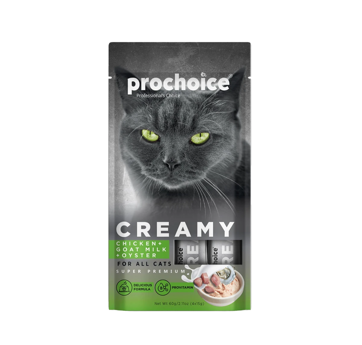Prochoice Creamy Kediler İçin Tavuklu, Keçi Sütlü ve İstridyeli Sıvı Ödül Maması 4x15 gr