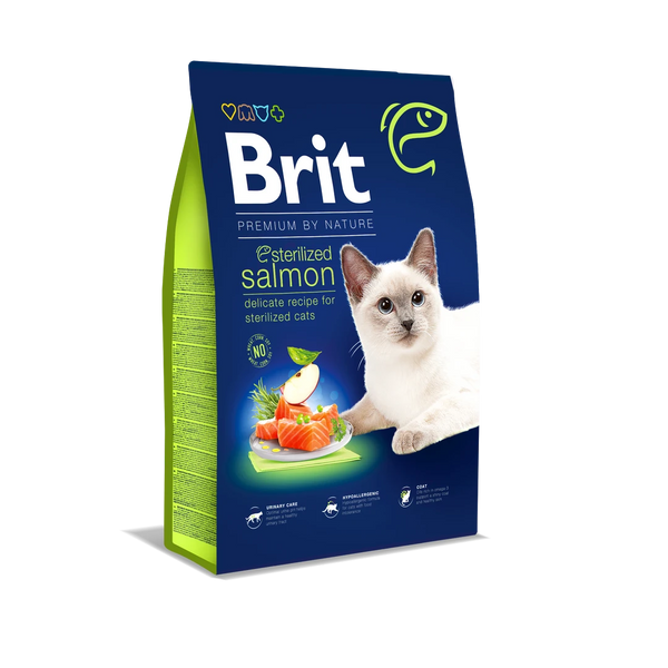 Brit Premium By Nature Kısırlaştırılmış Kediler İçin, Somon Balıklı Kuru Mama 8 kg