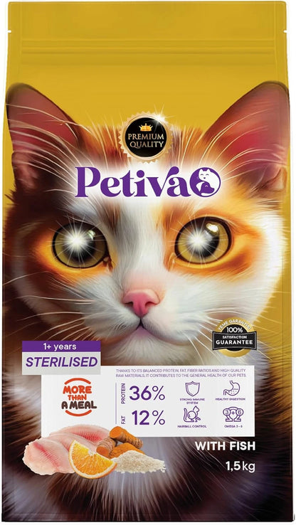 Petiva Kısırlaştırılmış Yetişkin Kediler İçin Balık Etli Kuru Kedi Maması 1.5kg