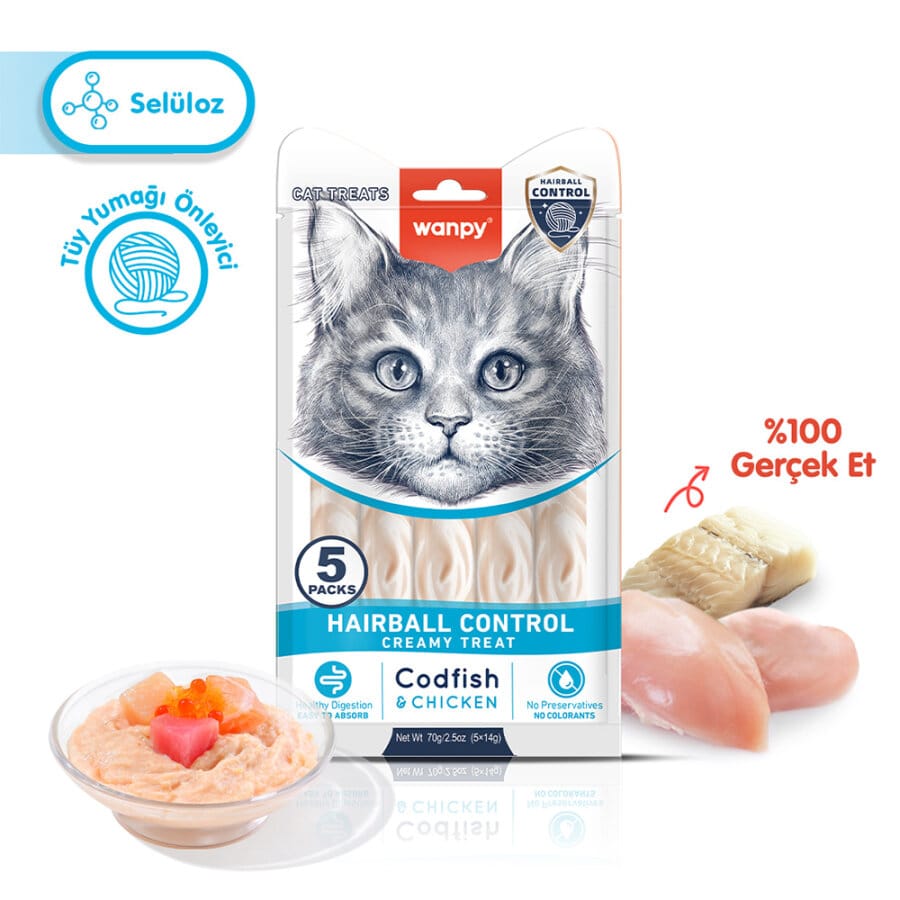 Wanpy Hairball Control Morina balığı&Tavuk Krema Ödül 5x14gr