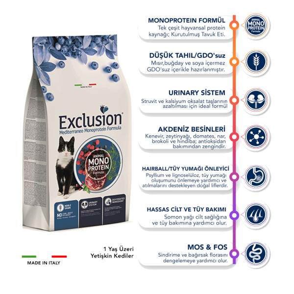 Exclusion Monoprotein Ton Balıklı ve Narlı Düşük Tahıllı Kısırlaştırılmış Kedi Maması 12kg