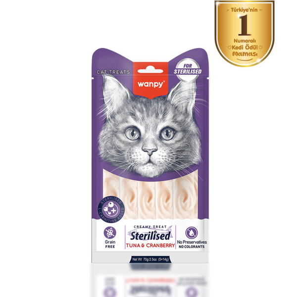 Wanpy Ton Balıklı & Kızılcıklı – Kısırlaştırılmış Kedi Krema Ödülü 5×14 g