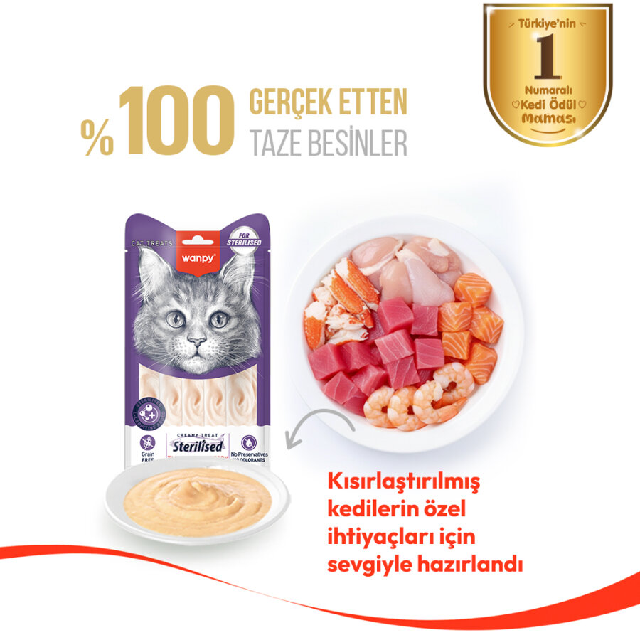 Wanpy Ton Balıklı & Kızılcıklı – Kısırlaştırılmış Kedi Krema Ödülü 5×14 g