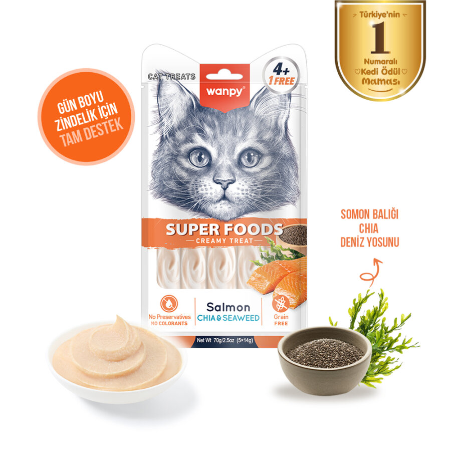 Wanpy Superfood Somonlu, Chia & Deniz Yosunlu – Krema Kedi Ödülü 5×14 g