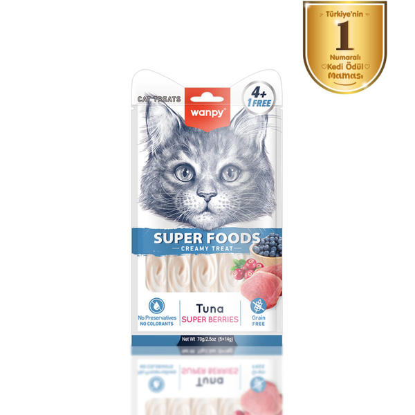 Wanpy Superfood Ton Balıklı, Yaban Mersini & Kızılcıklı – Krema Kedi Ödülü 5×14 g