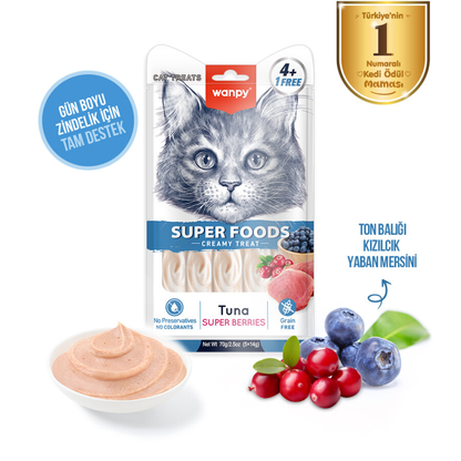 Wanpy Superfood Ton Balıklı, Yaban Mersini & Kızılcıklı – Krema Kedi Ödülü 5×14 g