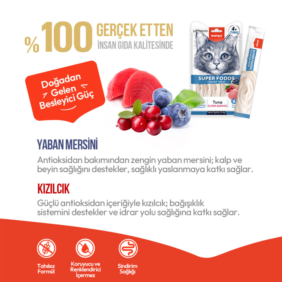 Wanpy Superfood Ton Balıklı, Yaban Mersini & Kızılcıklı – Krema Kedi Ödülü 5×14 g