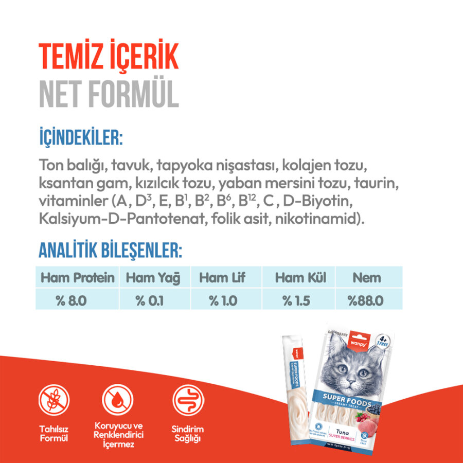 Wanpy Superfood Ton Balıklı, Yaban Mersini & Kızılcıklı – Krema Kedi Ödülü 5×14 g
