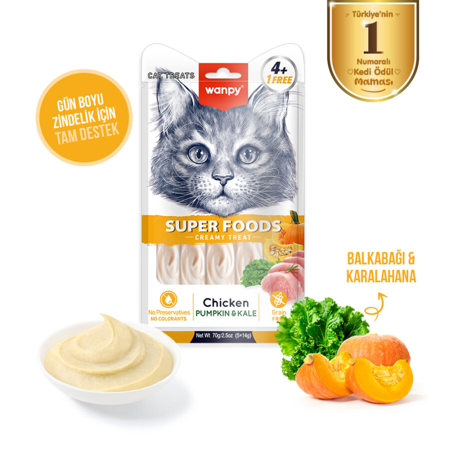 Wanpy Superfood Balkabağı & Kara Lahanalı – Krema Kedi Ödülü 5×14 g