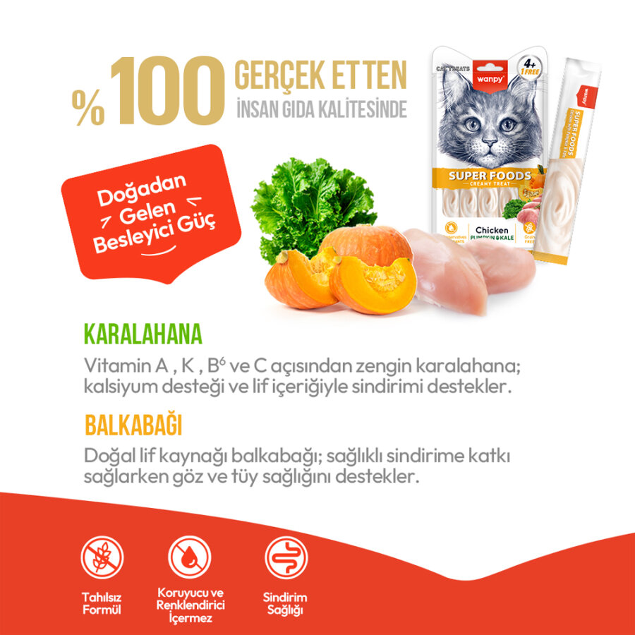 Wanpy Superfood Balkabağı & Kara Lahanalı – Krema Kedi Ödülü 5×14 g